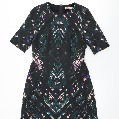 DS Dress Womens Black Geometric Polyester Shift Size 8 Round Neck Zip