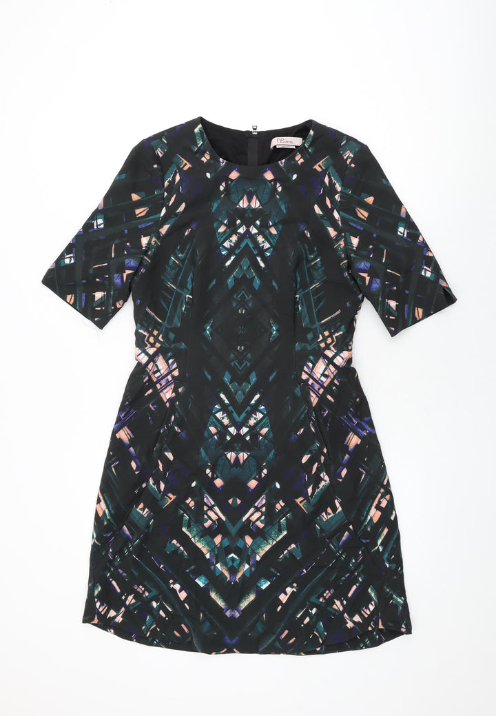 DS Dress Womens Black Geometric Polyester Shift Size 8 Round Neck Zip