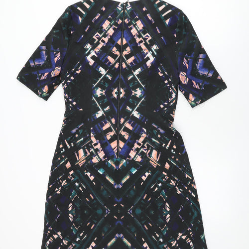 DS Dress Womens Black Geometric Polyester Shift Size 8 Round Neck Zip