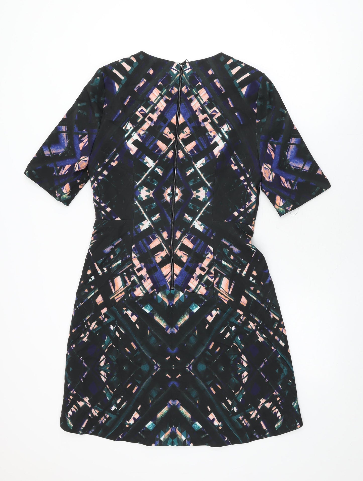 DS Dress Womens Black Geometric Polyester Shift Size 8 Round Neck Zip