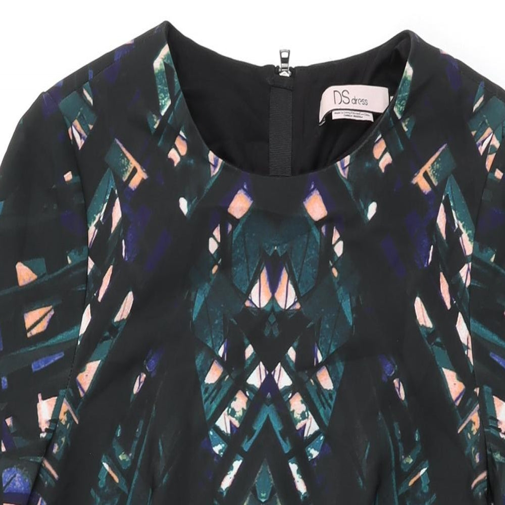 DS Dress Womens Black Geometric Polyester Shift Size 8 Round Neck Zip