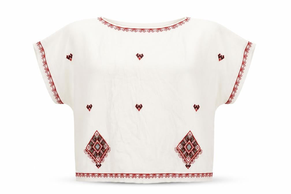 Front view of Next women’s white geometric viscose basic blouse, size UK 6, round neck