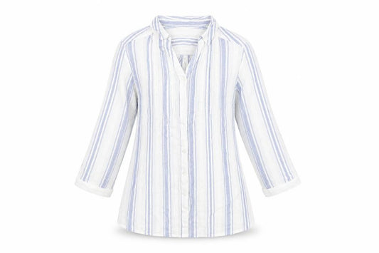 Front view of Isle Essentials women’s white striped cotton basic button-up, size UK 10, collared