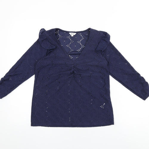 Khost Womens Blue Floral Polyester Basic T-Shirt Size 8 V-Neck
