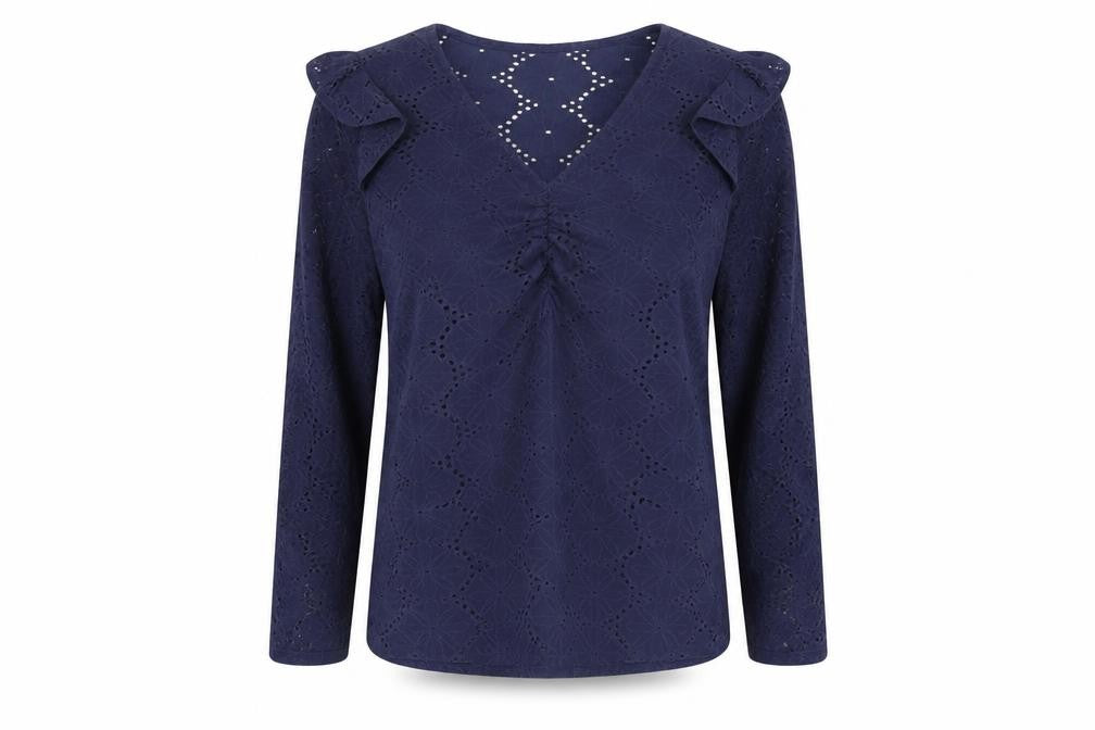 Front view of Khost women’s blue floral polyester basic t-shirt, size UK 8, v-neck