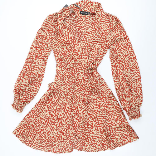 PRETTYLITTLETHING Womens Red Animal Print Polyester Wrap Dress Size 4 V-Neck Tie