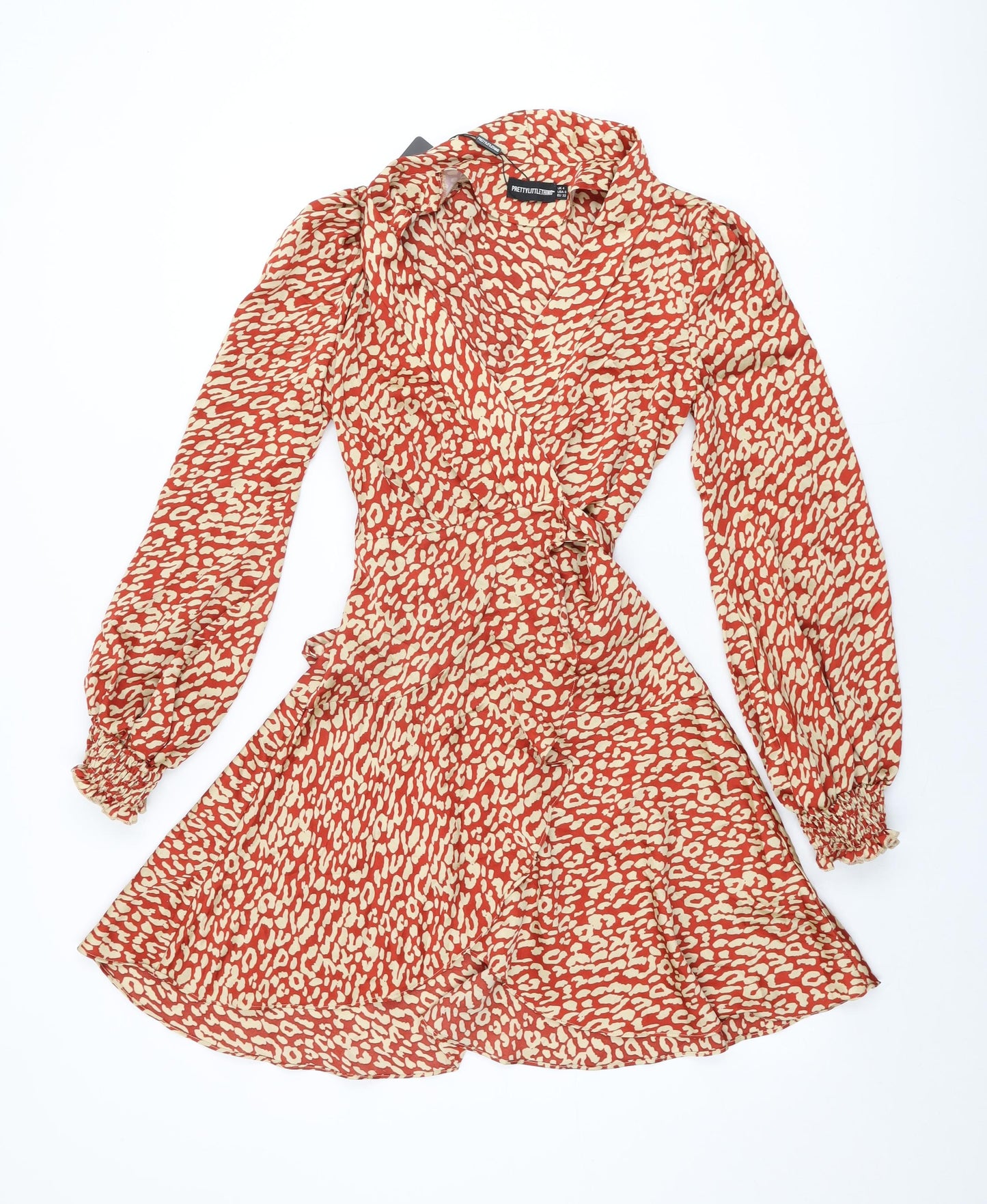 PRETTYLITTLETHING Womens Red Animal Print Polyester Wrap Dress Size 4 V-Neck Tie