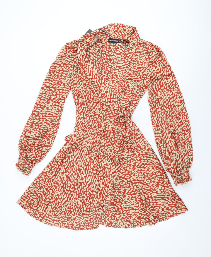 PRETTYLITTLETHING Womens Red Animal Print Polyester Wrap Dress Size 4 V-Neck Tie