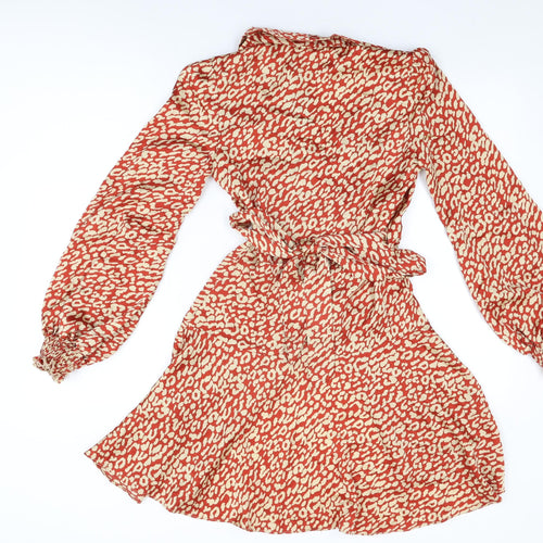 PRETTYLITTLETHING Womens Red Animal Print Polyester Wrap Dress Size 4 V-Neck Tie