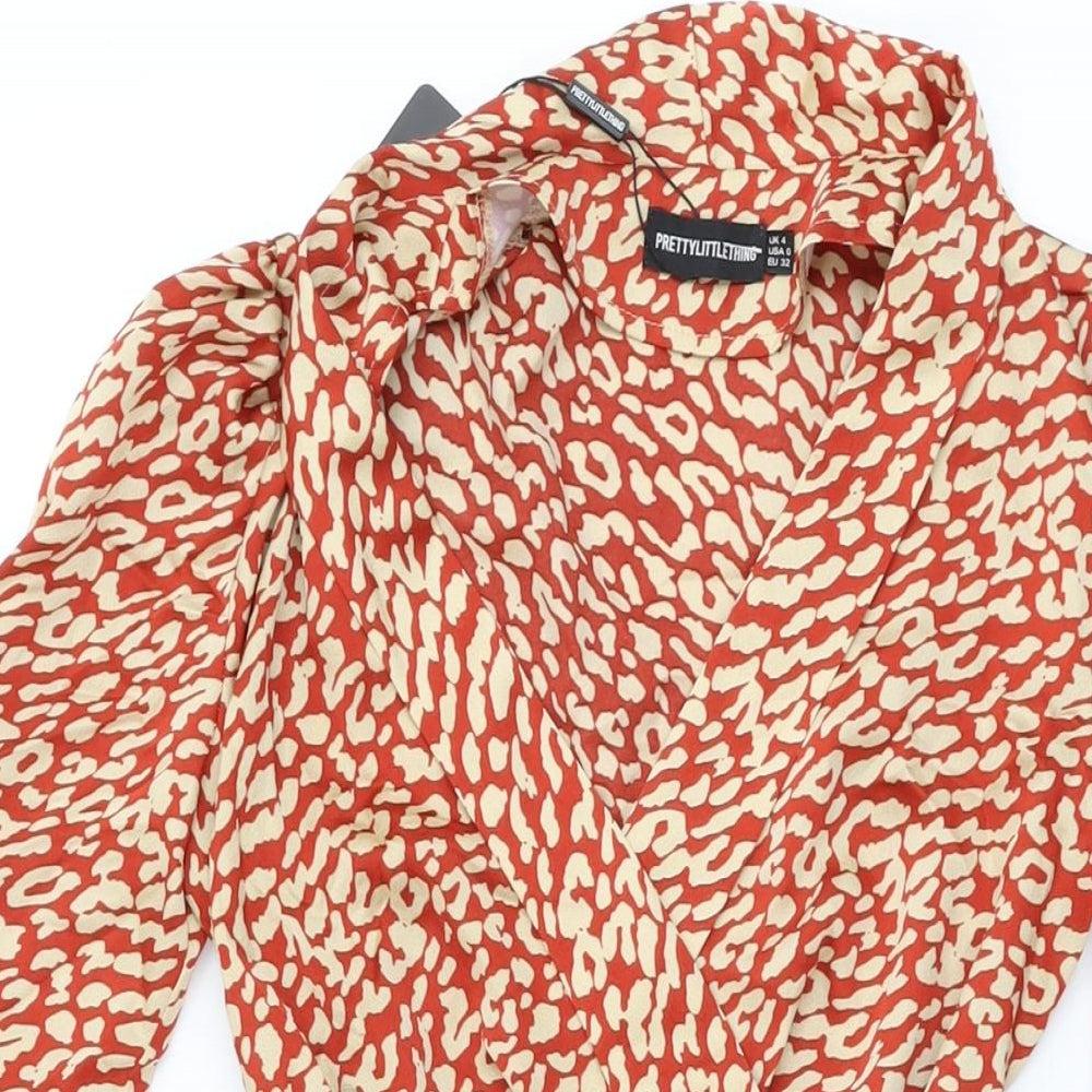 PRETTYLITTLETHING Womens Red Animal Print Polyester Wrap Dress Size 4 V-Neck Tie