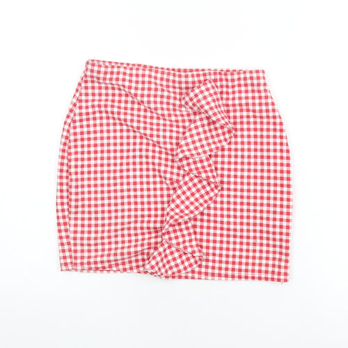 PRETTYLITTLETHING Womens Red Geometric Polyester Mini Skirt Size 10 - Gingham, Frill detail