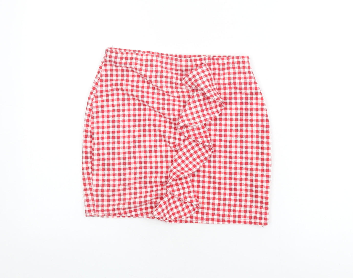 PRETTYLITTLETHING Womens Red Geometric Polyester Mini Skirt Size 10 - Gingham, Frill detail