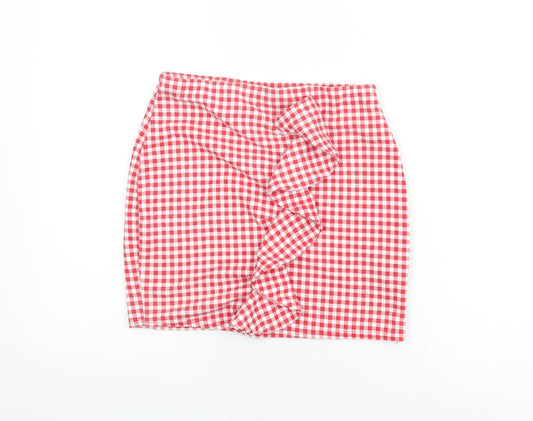 PRETTYLITTLETHING Womens Red Geometric Polyester Mini Skirt Size 10 - Gingham, Frill detail