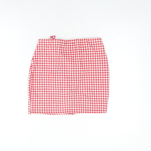 PRETTYLITTLETHING Womens Red Geometric Polyester Mini Skirt Size 10 - Gingham, Frill detail