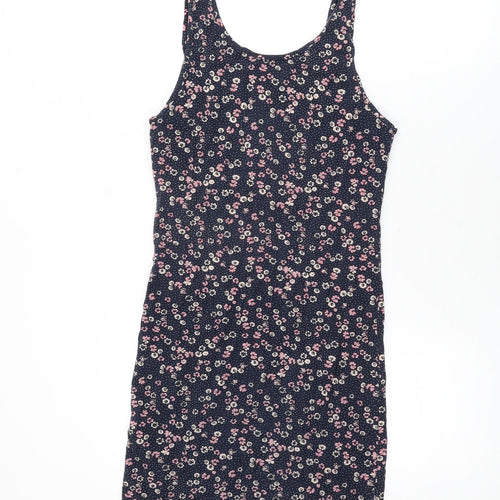 Dou Womens Blue Floral Cotton Bodycon Size S Round Neck Pullover