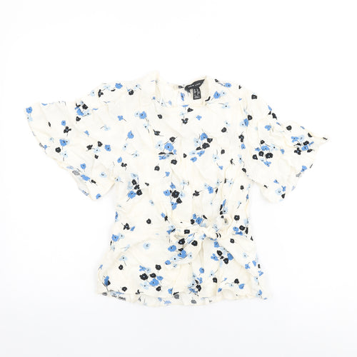 New Look Womens White Floral Viscose Basic T-Shirt Size 8 Round Neck