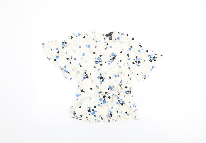 New Look Womens White Floral Viscose Basic T-Shirt Size 8 Round Neck