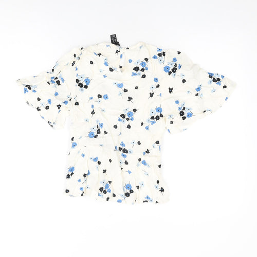 New Look Womens White Floral Viscose Basic T-Shirt Size 8 Round Neck
