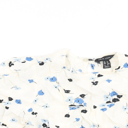 New Look Womens White Floral Viscose Basic T-Shirt Size 8 Round Neck