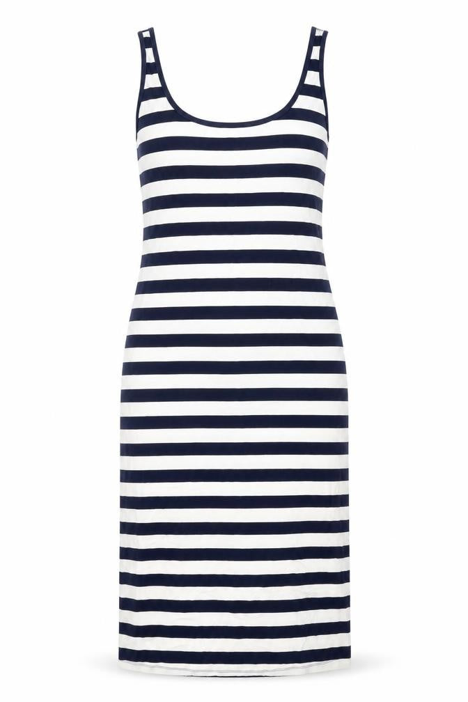 Front view of ASOS women’s white striped polyester shift, size UK 10, round neck pullover
