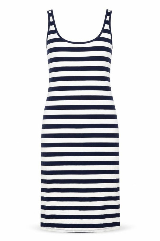 Front view of ASOS women’s white striped polyester shift, size UK 10, round neck pullover