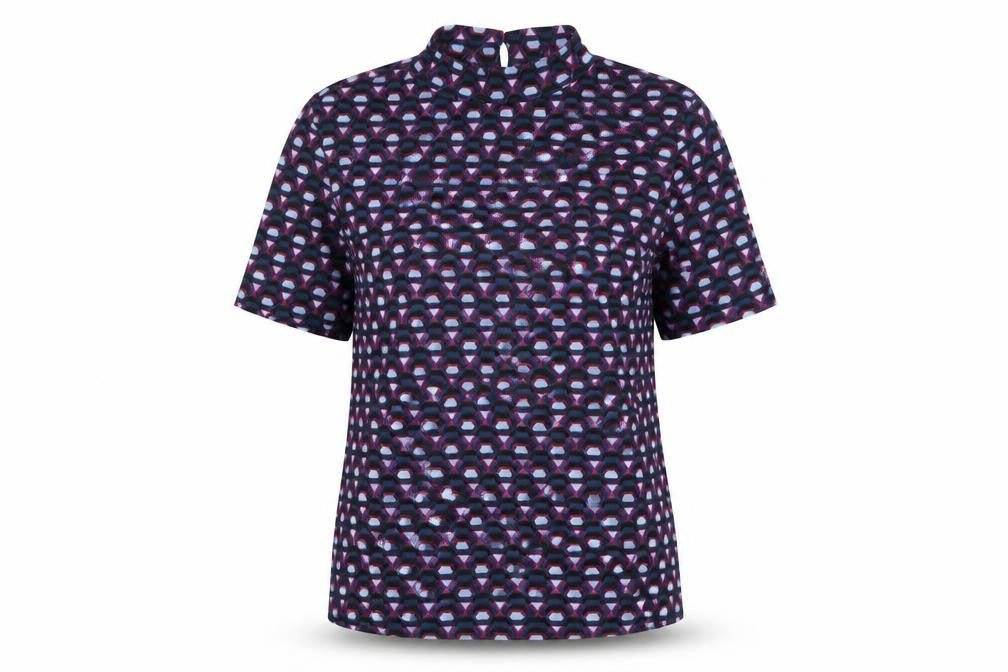 Front view of Very women’s blue geometric polyester basic t-shirt, size UK 12, round neck
