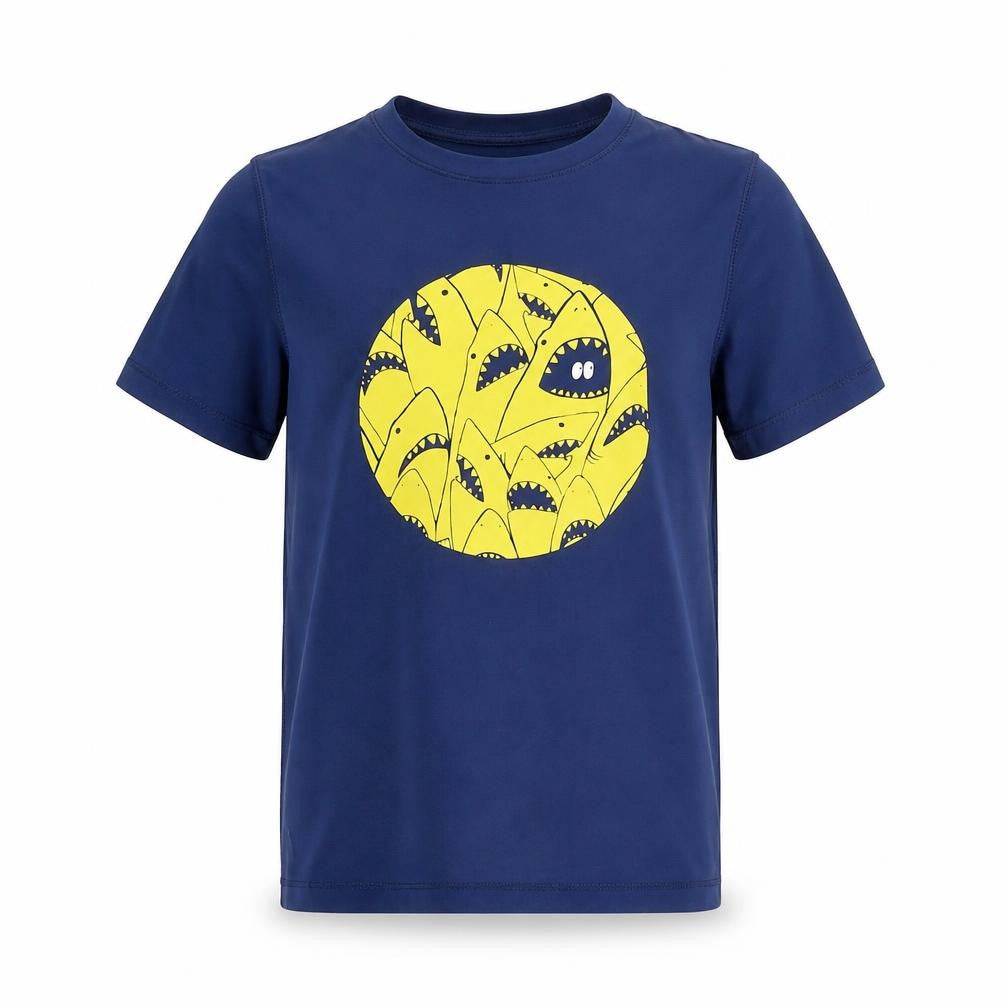 Front view of Gap boys’ blue polyester basic t-shirt, size S, round neck pullover - shark, swim top