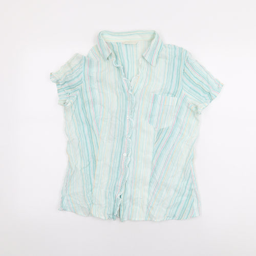 Marks and Spencer Womens Blue Striped Modal Basic Button-Up Size 16 Collared