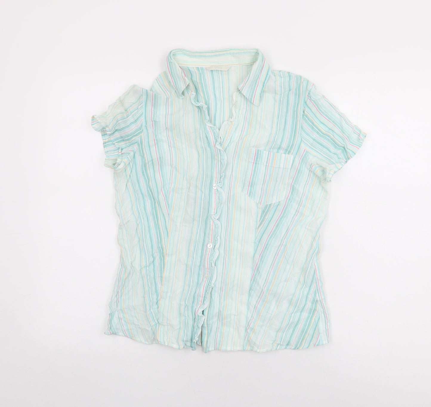 Marks and Spencer Womens Blue Striped Modal Basic Button-Up Size 16 Collared