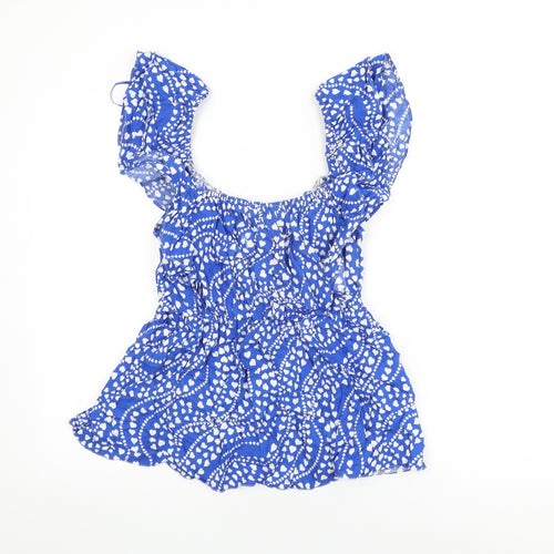 Very Womens Blue Geometric Viscose Basic T-Shirt Size 12 Scoop Neck - Heart Print, Frill Detail