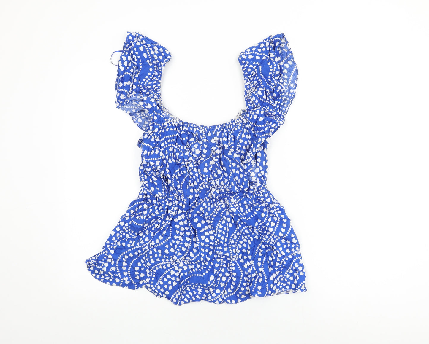 Very Womens Blue Geometric Viscose Basic T-Shirt Size 12 Scoop Neck - Heart Print, Frill Detail