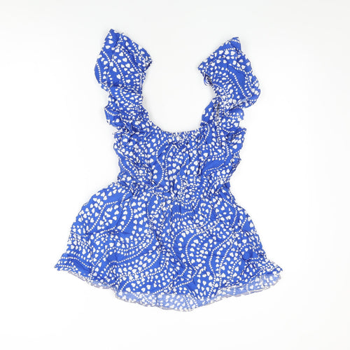 Very Womens Blue Geometric Viscose Basic T-Shirt Size 12 Scoop Neck - Heart Print, Frill Detail
