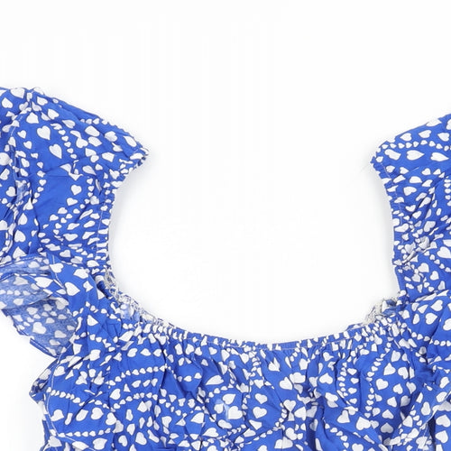 Very Womens Blue Geometric Viscose Basic T-Shirt Size 12 Scoop Neck - Heart Print, Frill Detail