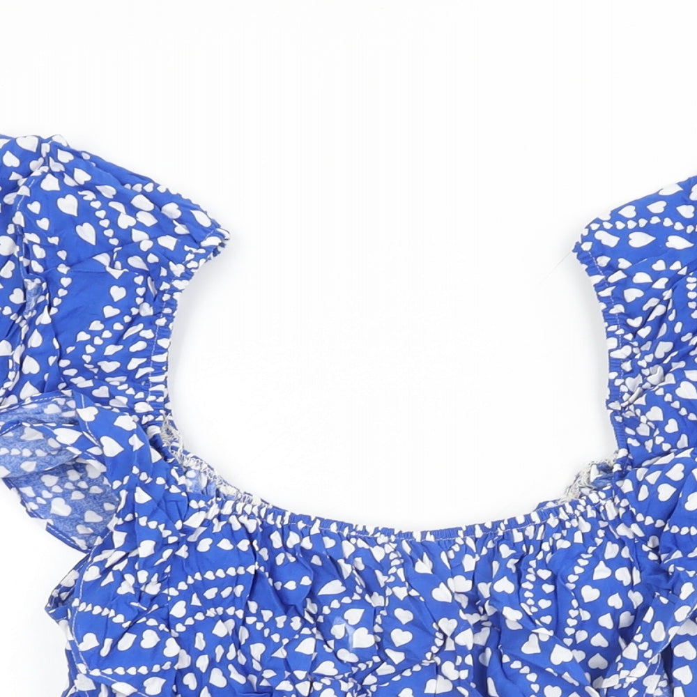 Very Womens Blue Geometric Viscose Basic T-Shirt Size 12 Scoop Neck - Heart Print, Frill Detail