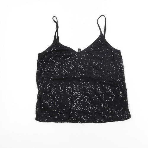 H&M Womens Black Polyamide Basic T-Shirt Size 8 V-Neck - Sequins