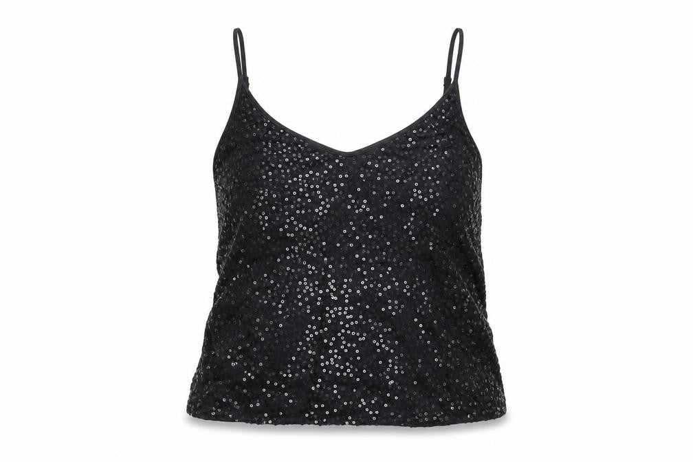 Front view of H&M women’s black polyamide basic t-shirt, size UK 8, v-neck - sequins