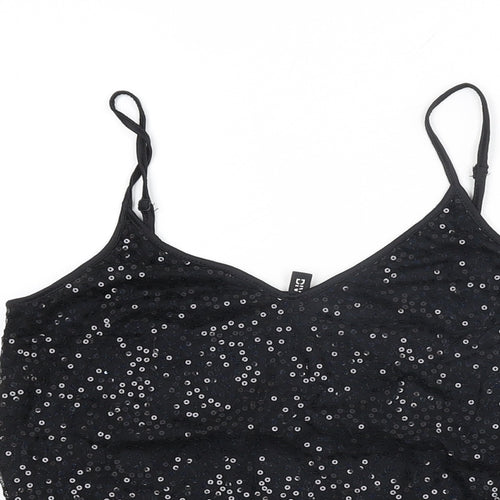 H&M Womens Black Polyamide Basic T-Shirt Size 8 V-Neck - Sequins