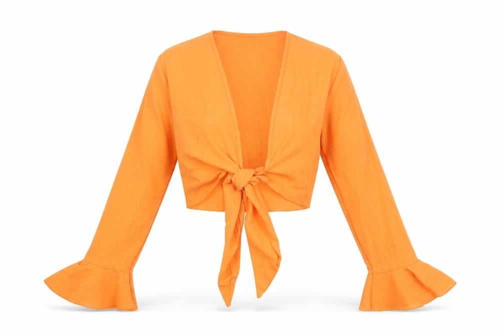 Front view of PRETTYLITTLETHING women’s orange polyester cropped blouse, size UK 10, v-neck