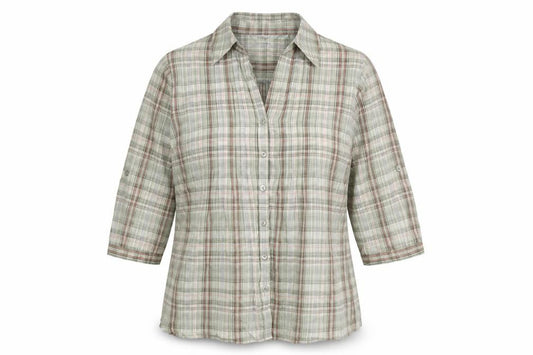 Front view of EWM women’s green plaid cotton basic button-up, size UK 14, collared