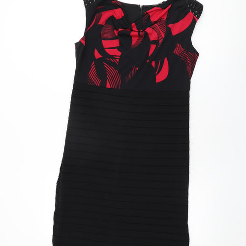 GOLD Womens Black Geometric Polyester Bodycon Size 14 Cowl Neck Zip