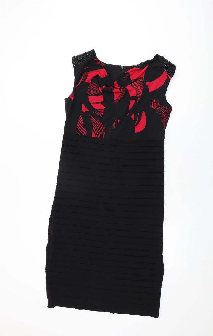 GOLD Womens Black Geometric Polyester Bodycon Size 14 Cowl Neck Zip