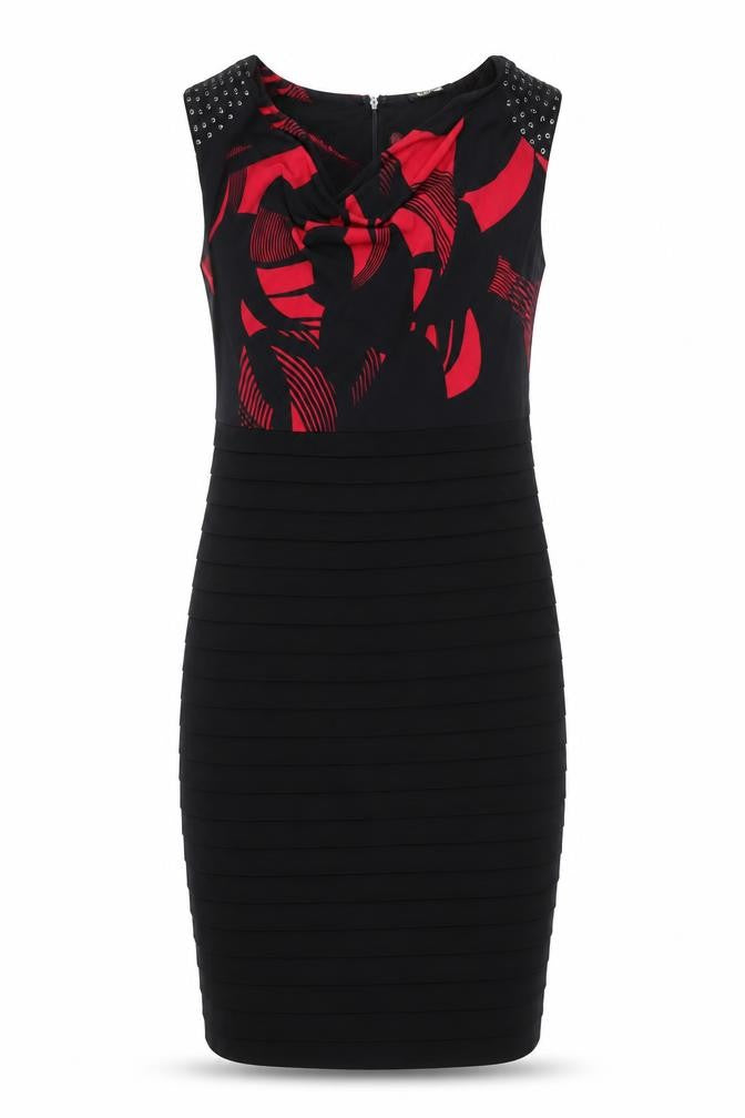 Front view of GOLD women’s black geometric polyester bodycon, size UK 14, cowl neck zip