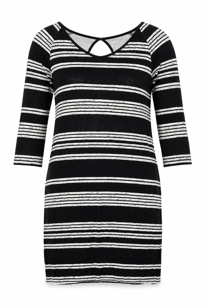 Front view of Saint Tropez women’s black striped viscose shift, size XS, round neck pullover