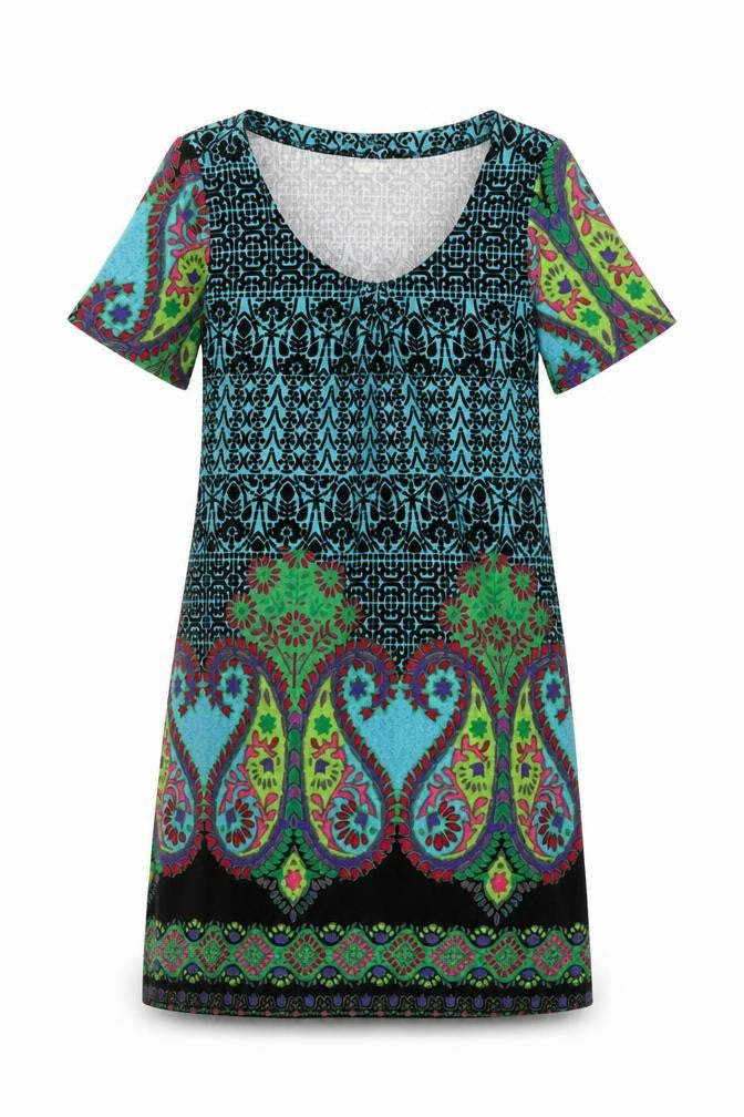 Front view of Purplish women’s blue geometric polyester shift, size S, round neck pullover