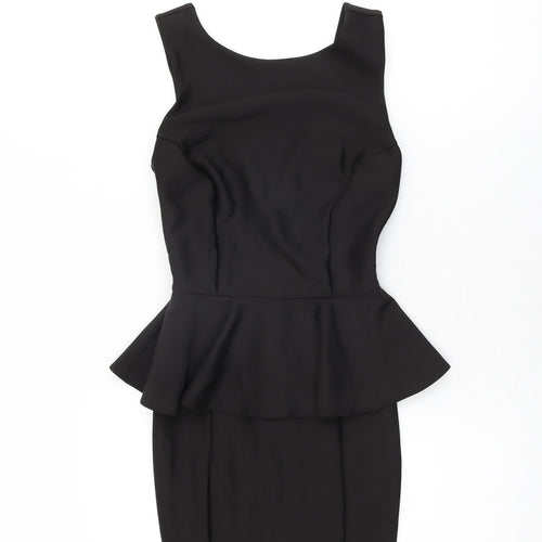 Topshop Womens Black Polyester Bodycon Size 6 Round Neck Zip - Frill Detail
