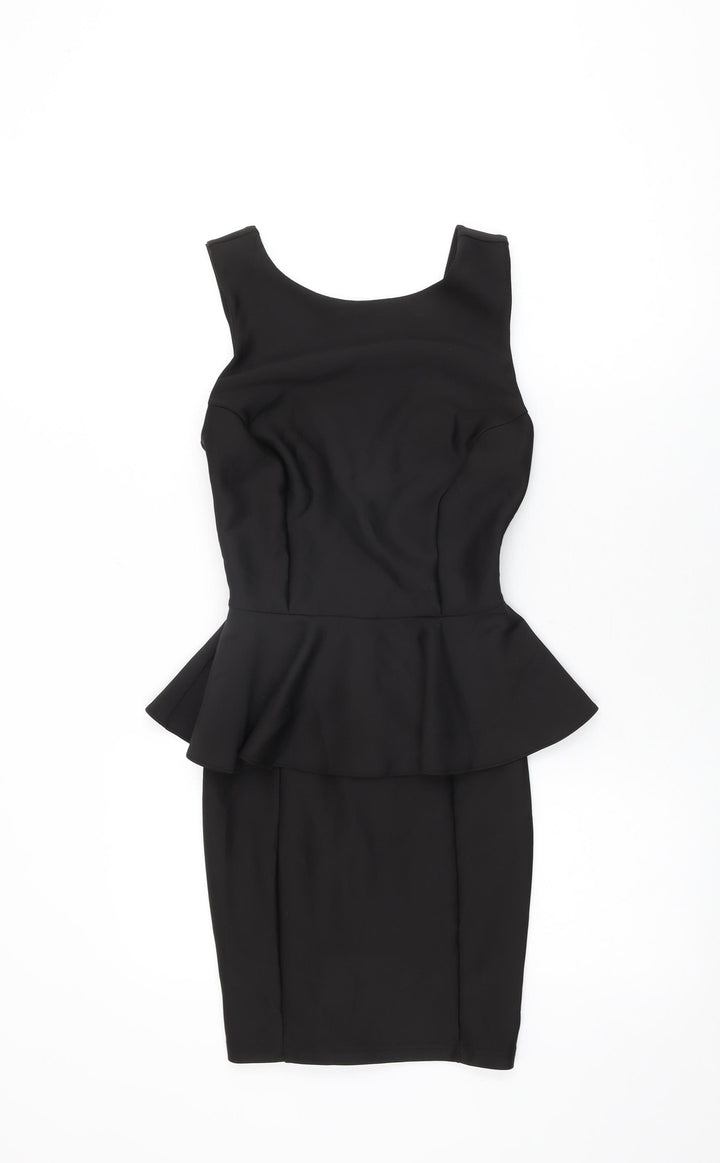 Topshop Womens Black Polyester Bodycon Size 6 Round Neck Zip - Frill Detail