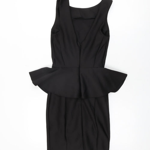 Topshop Womens Black Polyester Bodycon Size 6 Round Neck Zip - Frill Detail
