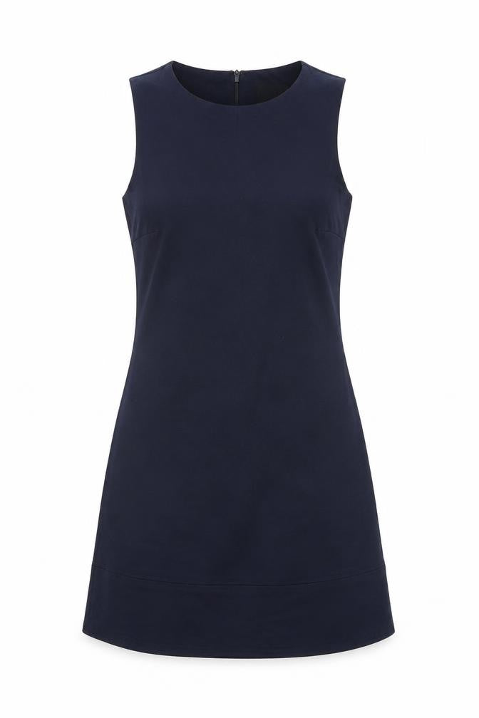 Front view of ASOS women’s blue viscose mini, size UK 6, round neck zip