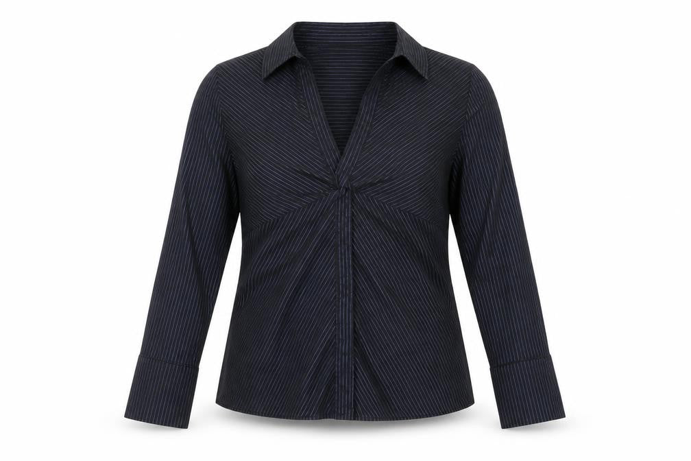Front view of E-vie women’s black striped cotton basic t-shirt, size UK 16, collared