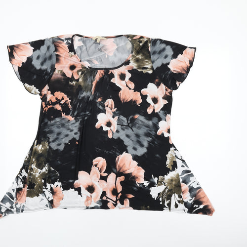 Vida Vi Womens Black Floral Polyester Basic T-Shirt Size 16 Round Neck